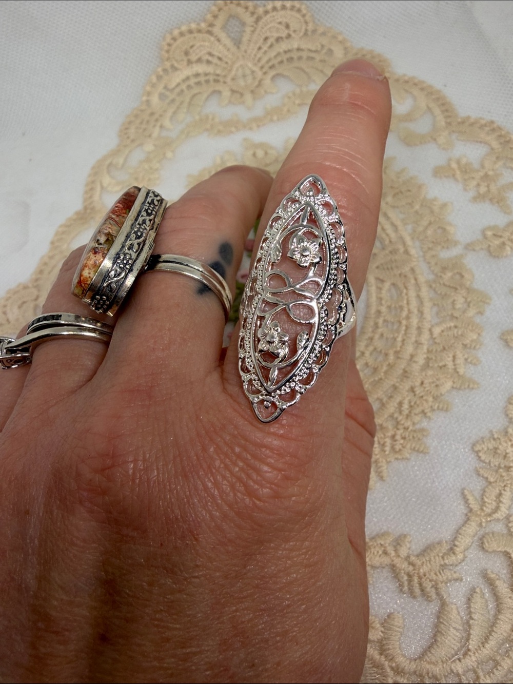 925 Sterling Silver Floral Filigree Marquise Ring Garden Party Cottagecore